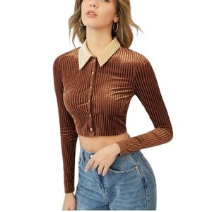 Cider Y2K Velvet Contrast Button Down Collared Crop Top Shirt Brown